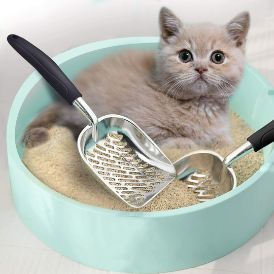 Cat Litter Scoop Metal, Durable Cat Poop Scooper with 14"Flexible Long Handle, Non Sticky Kitten Cleaning Tool (Black)1pc