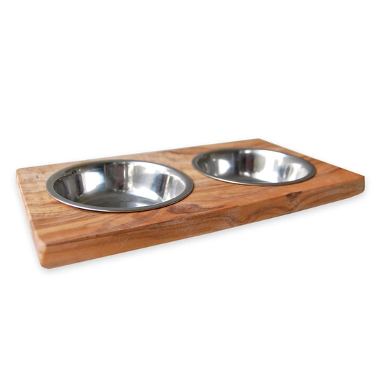 This Dog and Cat Food Bowl Is Made of Olive Wood and Features Two Metal Bowls
