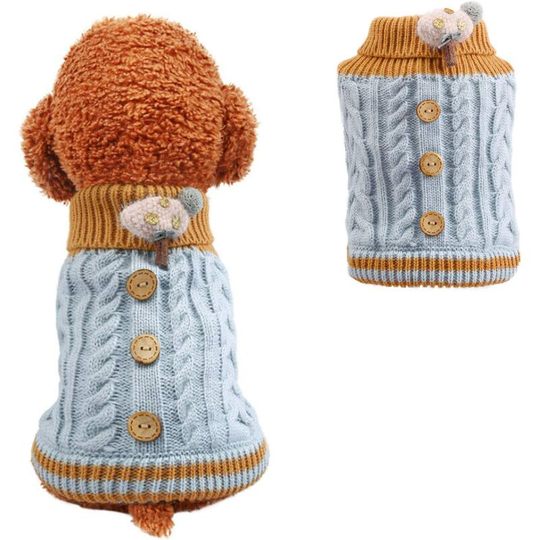 Warm Dog Sweater Winter Fashion Classic Button Knitted Girls' Sweater Coat for Dog Cold Weather, blue, Small