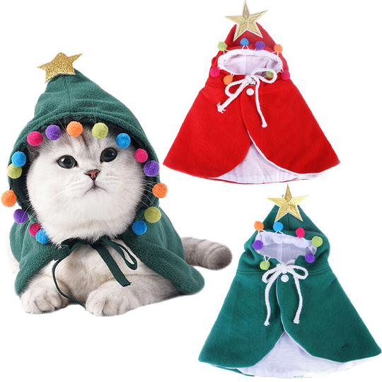 Pet Christmas Costume Puppy Xmas Cloak with Star and Pompoms Cat Santa Cape with Santa Hat Party Cosplay Dress for Cats and Small to Medium Sized Dog