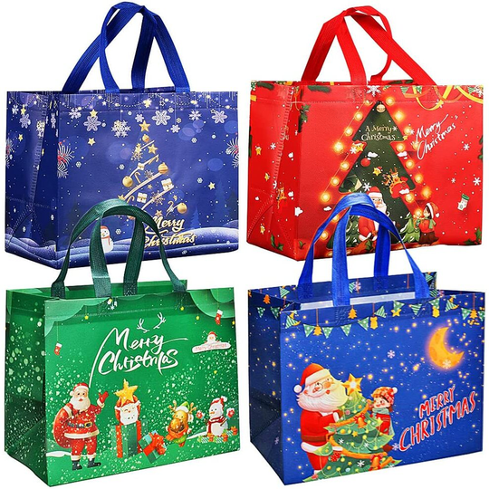 4pcs Christmas Tote Bags, Reusable Shopping Bag with Handle Non-woven Fabric Christmas Gift Bags Treat Bags for Christmas Party Gift Delivery