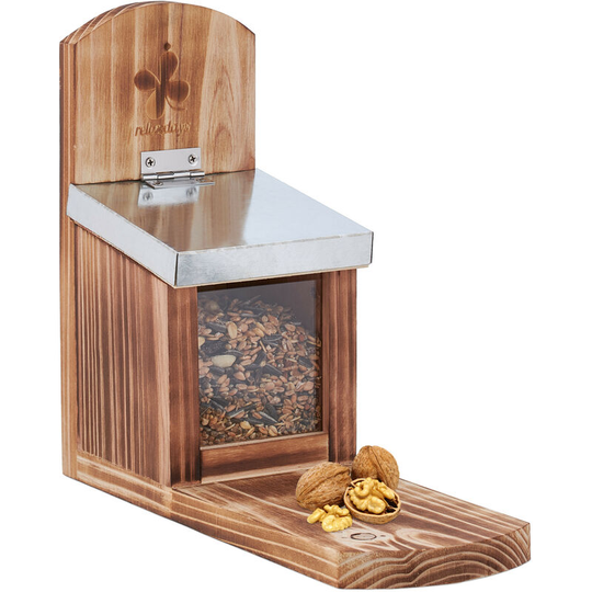 Squirrel Feeder, FSC-Certified, Metal Roof, Ventilation Holes, for Hanging, Natural Wood/Silver - Relaxdays