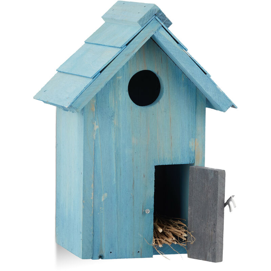 Nesting Box, Bird House, Wooden, Door, Small Entrance, Songbirds, HxWxD: 24.3 x 17 x 12 cm, Blue - Relaxdays