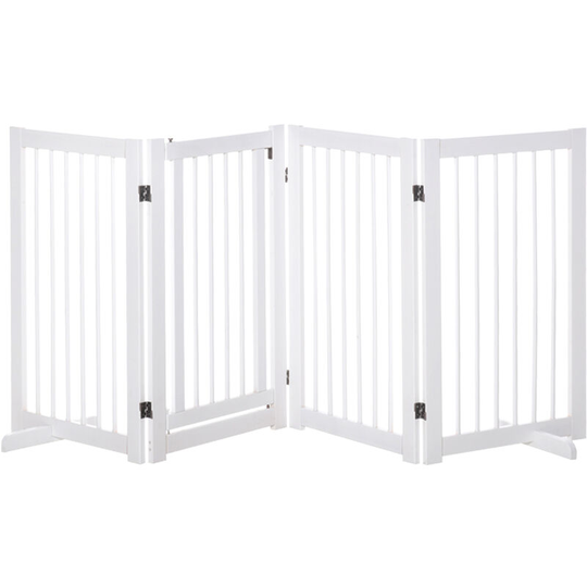 Wooden Freestanding Pet Gate 4 Panels Foldable Dog Safety Fence White - White - Pawhut