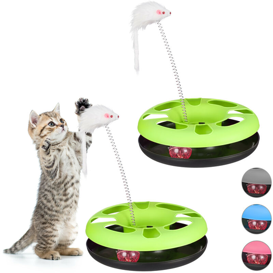 Relaxdays - Set of 2 Cat Toys Carousel with Mouse, Interactive Toy, Ball with Bell, Pet Training, Green