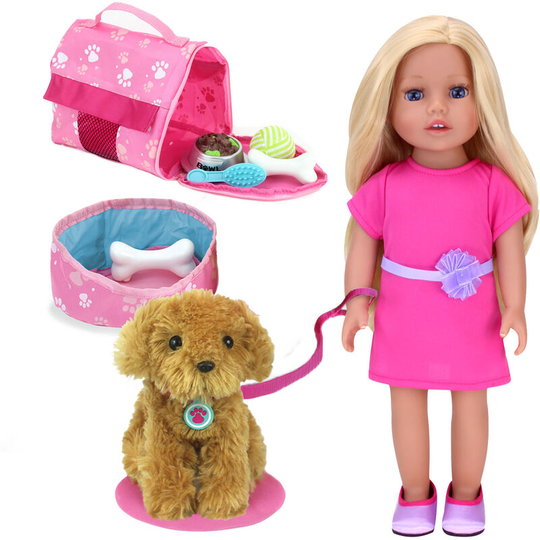 Sophia's by Teamson Kids Everyday Friends Blonde 18" Doll "Chloe" with Puppy & Carrier Set, Pink