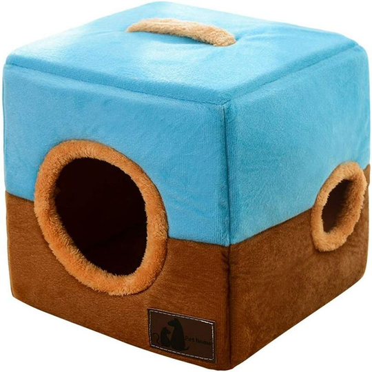 Canap & oacute; For Cat Puppy Rabbit Pet Soft Warm Square Shape Niche Nest Cave Plush Basket Trash Bushing Pet Bed Blue + Brown l
