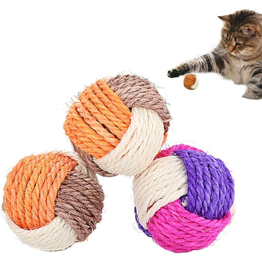 Aougo - 3pcs Cat Toy Sisal Ball Pet Scratch Ball Chew Toy Eco-Friendly Pets Wear-Resistant Bite-Resistant Interactive Toy (Random Color)