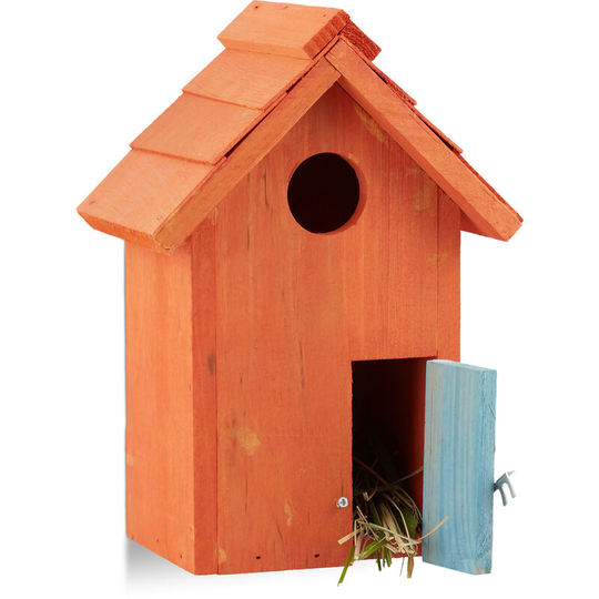 Relaxdays - Nesting Box, Bird House, Wooden, Door, Small Entrance, Songbirds, HxWxD: 24.3 x 17 x 12 cm, Orange