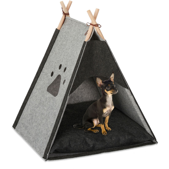 Dog Tent, Large Teepee Retreat for Cats, Felt & Wood, Cushion, 70.5x59.5x59cm, Light Grey - Relaxdays