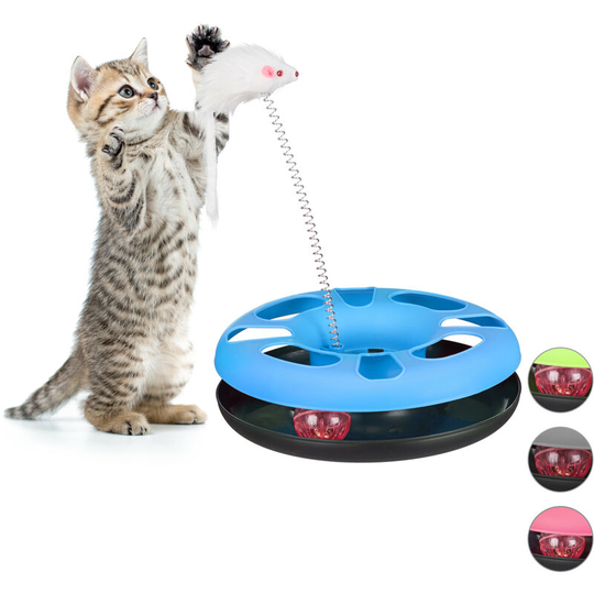 Relaxdays - Set of 1 Cat Toy Carousel with Mouse, Interactive Toy, Ball with Bell, Pet Training, Blue