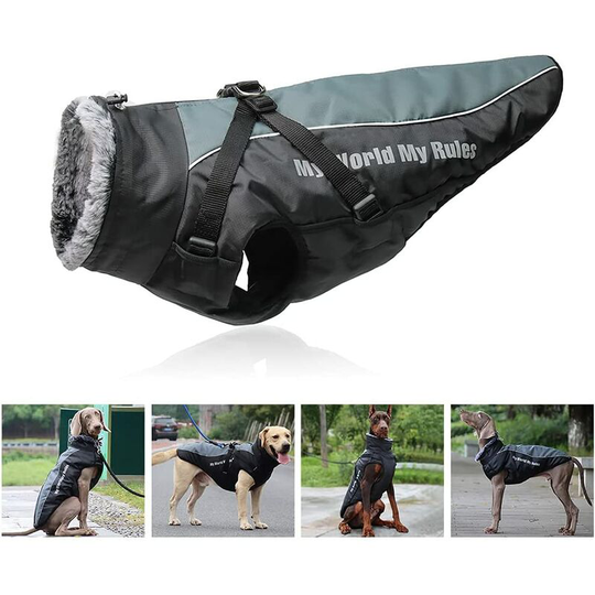 Reversible Reflective Plush Dog Coat with Detachable Harness and Choke-Free Fold-Over Fur Collar, Comfortable Clothes for Medium Large Dogs 2XL