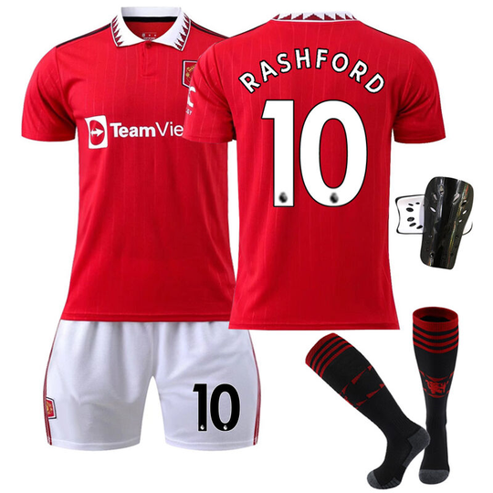 Red Devils Home Red Football Suit Size 10 With Socks+Protective Equipment, Size 22