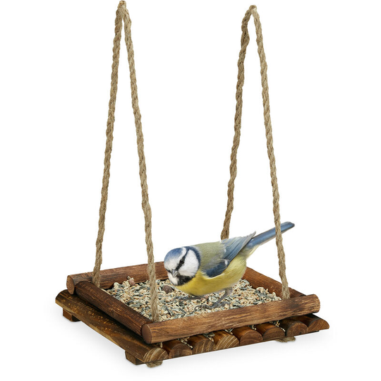 Relaxdays bird feeding station, wood, bird feeder, for placing or hanging, 25x25x6.5cm, brown