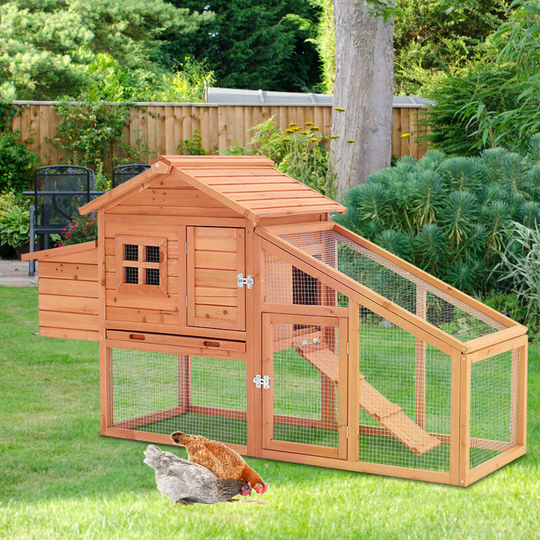 2 Tier Wooden Chicken Hen Coop Poultry House with Nest Box, Brown - Livingandhome
