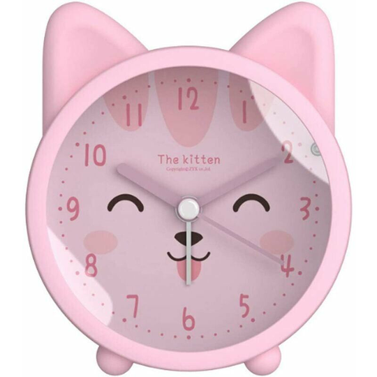 Cute Animal Cat Alarm Clock for Children Silent No Tick Silicone Clock Night Light Travel Clock Pink Smiling Kitten