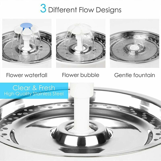 Monly - Pet Water Dispenser with Stainless Steel Top Cover Water Level Window 2.4L Ultra-Quiet 3 Drinking Methods 3 Filters and Brushes Fountain for