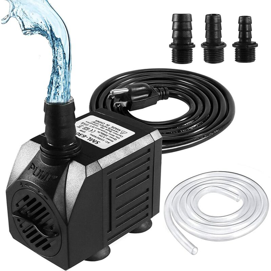 Fountain Pump, 150GPH (8W 600L/H) Submersible Water Pump, Small Quiet Outdoor Fountain Pump with 3.3ft Hose (Inner Dia. x 1/2 Inch), 2 Nozzles for