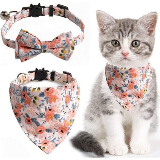 2 Pcs Sets Cat Collar Bandana Bells Set,Cat Collar Breakaway with Cute Bow Tie and Bell,Accessories for Pet Collars,Adjustable from 7.8'- 10.5', for