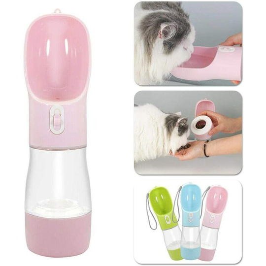 Portable Dog Water Bottle, 2 in 1 Upgraded Pet Water Dispenser for Outdoor Travel, Leak-Proof for Walking, Puppy Cat Drinking Feeder, Pink