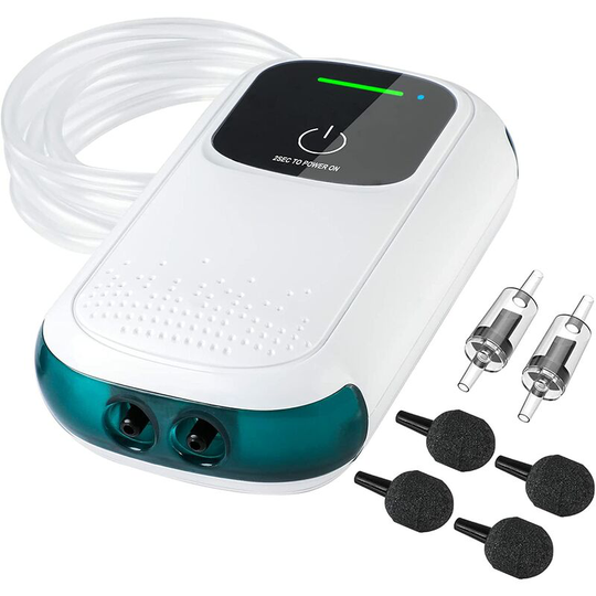 Battery Aquarium Air Pump, Quietest Rechargeable and Portable Fish Aerator Pump with Dual Outlets for Fish Tank, Outdoor-Fishing, Fish Transportation