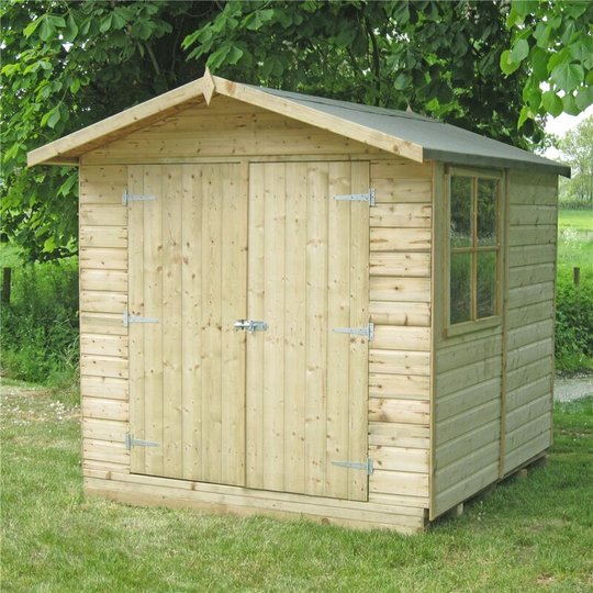Oakhams - 7 x 7 (2.09m x 2.09m) - Pressure Treated Tongue And Groove - Apex Workshop - 1 Opening Window - Double Doors - 12mm Tongue And Groove Floor