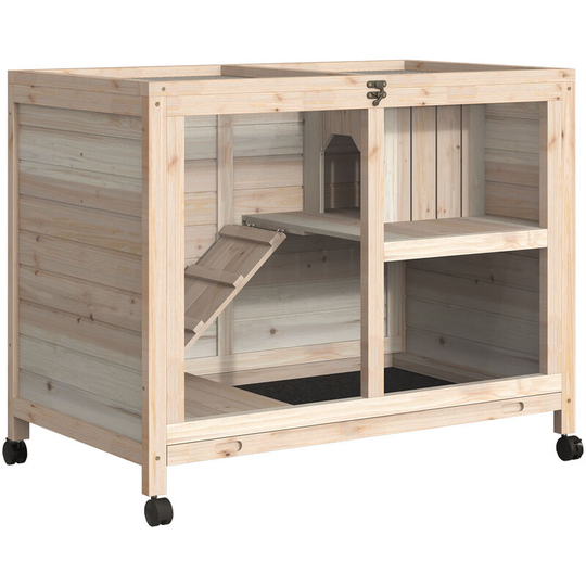 Pawhut - Wood Rabbit Hutch Bunny Cage Pet House Indoor w/ Tray Ramp, Natural - Beige
