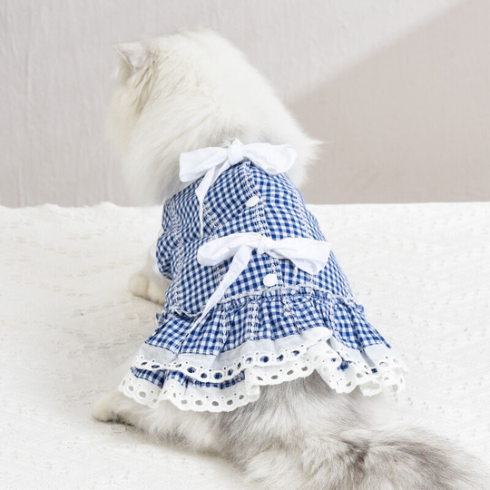 Spring and summer pet clothes Muppet Gingerbread short Garfield cat clothes kitten clothes cat clothes dog clothes Plaid skirt - blue and white check