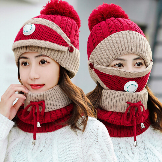 Winter Fashion Riding Hat Ear Protector Wool Hat Mask Neckwear Korean Fashion Knit Warm Three Piece Hat (Red)