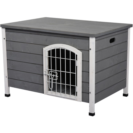 Wooden Dog Crate Kennel Lockable Door Animal House w/ Openable Top Gray - grey - Pawhut