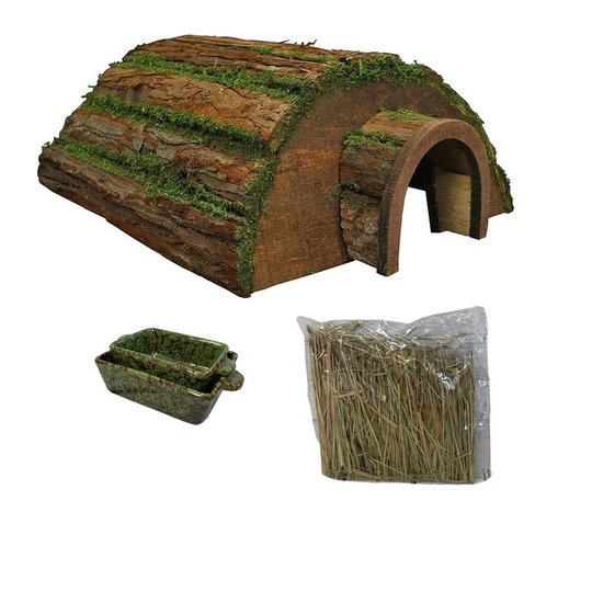 Selections - Wooden Barkwood Hogitat Hedgehog House with Feeding Bowls and Straw