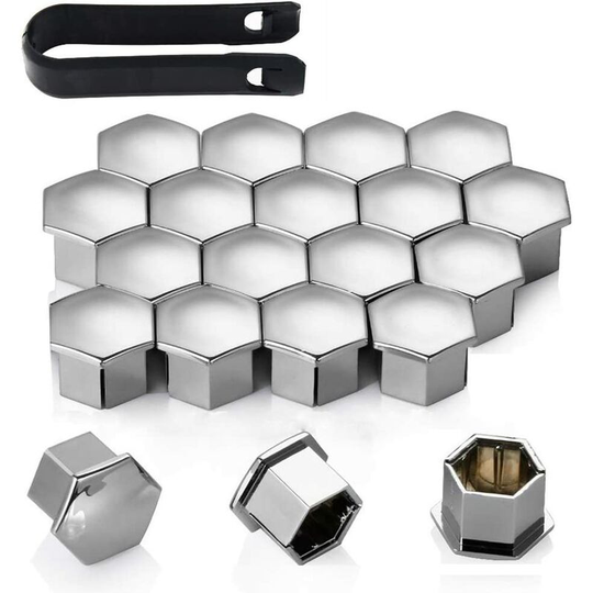 High Quality Bolt Nut Covers 21mm, Hexagonal Protective Caps for Wheel Nuts, Tire Nut Caps with Removal Tool (Pack of 20, Silver)