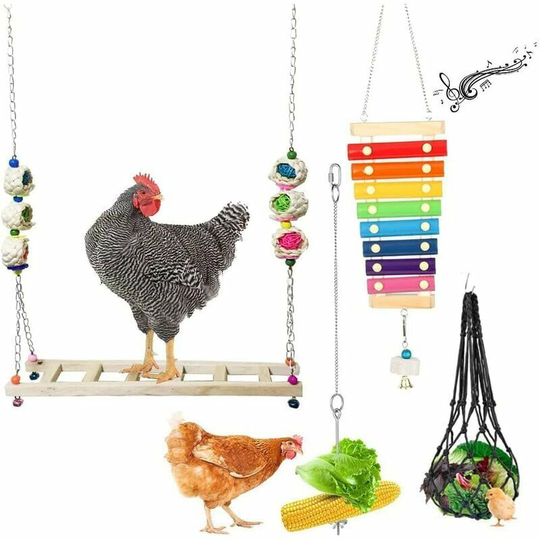 Monly - Chicken Coop Accessory Set of 4 Chicken Toys for Chicken Coop Accessories, Chicken Swing, Xylophone, Hanging Vegetable Feeder, Chicken Fruit