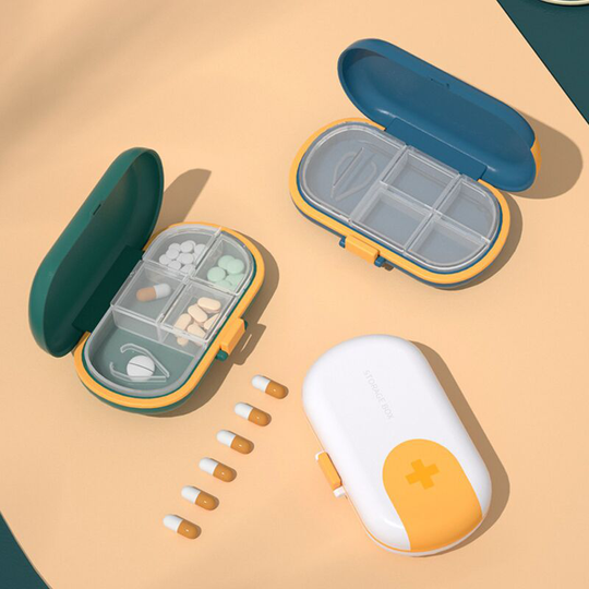 Sun Flowergb - Pill Organizer, 4 Compartment Portable Pill Organizer with Pill Cutter, Moisture and Water Resistant, Mini Travel Pill Organizer for