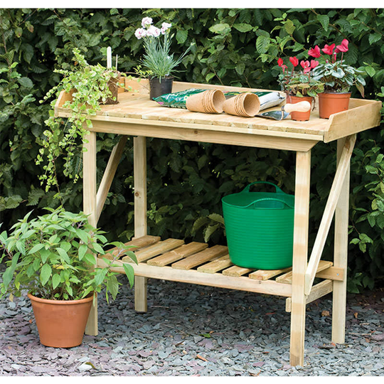 Garden Potting Bench - Pressure Treated Wooden Table Outdoor Workstation