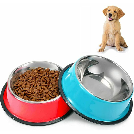 Set of 2 non-slip stainless steel bowls for puppy, cat, food and water -