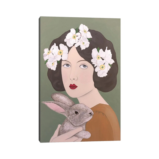 Woman with White Flowers and Rabbit by Sally B - Painting Print on Canvas