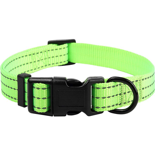 Dog Collar | Nylon with Reflective Three 3M Straps | Lime Green, Medium Neck 13'-17' -40 lb