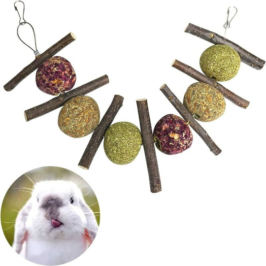 Natural chew toys in the shape of balls and sticks for rabbit, hamster, parrot, chinchilla, guinea pig and gerbil made from grass and rose