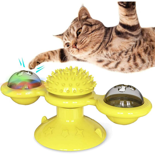 Cat Windmill with led Ball and Catnip Ball, Scratch Brush, Yellow - Langray