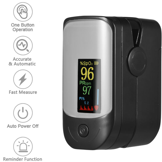 Fingertip Pulse Oximeter Blood Oxygen Saturation & Heart Rate Monitor with Lanyard 4-way Color Display Plethysmograph Perfusion Index Digital SpO2