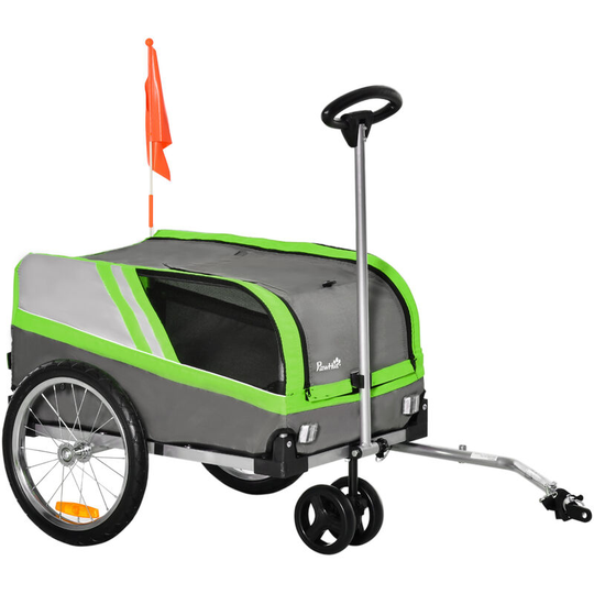 Dog Bike Trailer Two-In-One Pet Trolley Stroller Cart Bicycle Green - Green - Pawhut
