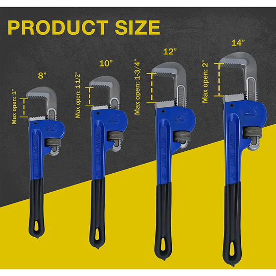 Set of 4 Heavy Duty Pipe Wrenches - Heat Treated - Adjustable - 8', 12', 14' - With Storage Bag