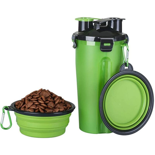 Travel Dog Bowls, Cat Water Dispensers, Collapsible Bowls for Travel (Food and Water Dispenser) - Single + Double Bowl Green