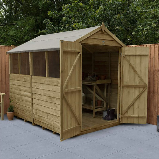 Apex Overlap Pressure Treated 8x6 Wooden Garden Shed - Double Door 4 Windows - Forest
