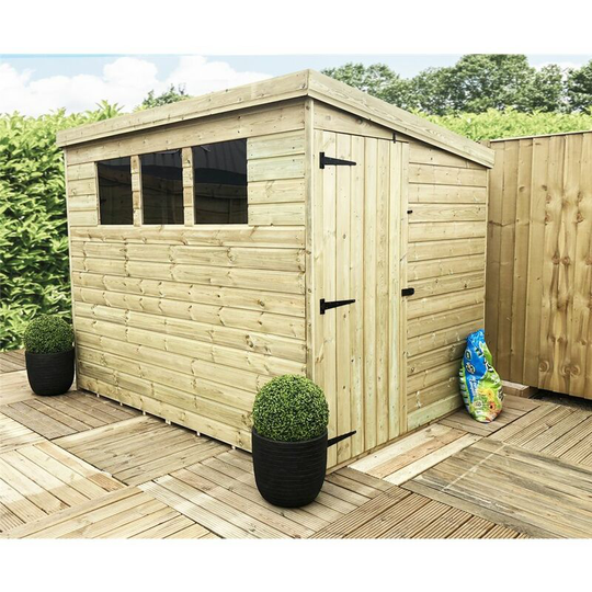 8 x 7 Pressure Treated Tongue And Groove Pent Shed With 3 Windows And Single Door + Safety Toughened Glass