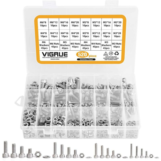 Thsinde - Kit 520pcs M3 M4 M5 M6 Stainless Steel Hexagon Hex Button Socket Head Cable Bolts Screws With Nuts Assortment