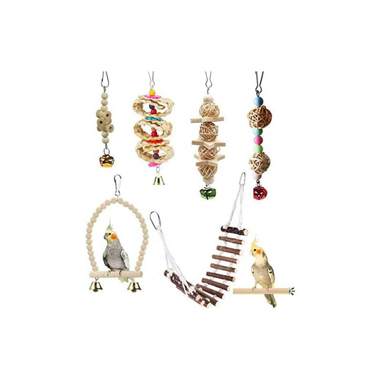 Soekavia - 7 Pcs Parrot Toys, Bird Toy Natural Wood Bird Swing Hanging Perch Ladder Bell Bird Cage Accessories Toys for Budgerigar, Parakeet, Conure,