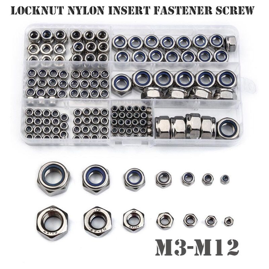 Betterlifegb - 165 Pcs Locknut Assortment, Stainless Steel Lock Nuts, M3 M4 M5 M6 M8 M10 M12 Threaded Inserts Hex Nut Set, Assorted Nylon Locking Nuts
