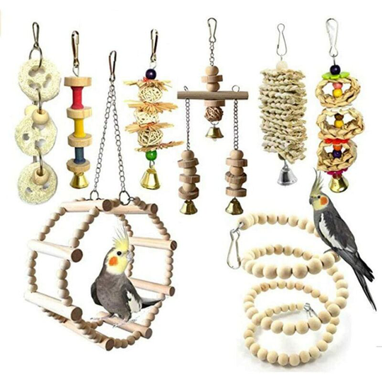 8 Pieces Bird Toys with Chew Toys and Perch Swings for Bird Cage - Ideal Aviary Decoration and Bell Toys for Parrots, Budgies, Small Macaws
